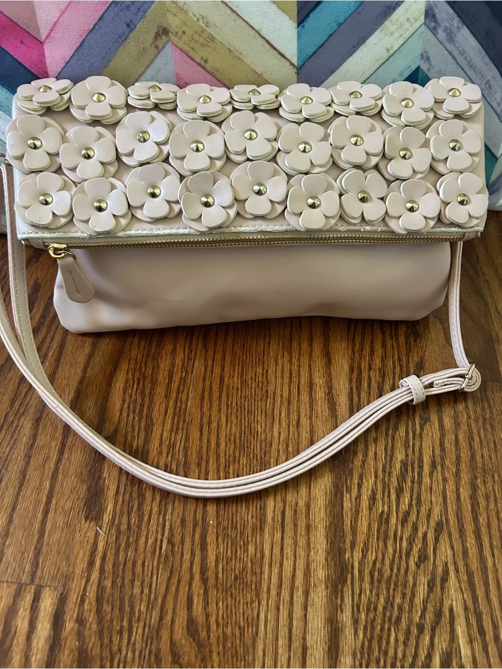 ALDO Blush Pink Floral Appliqué Foldover Crossbody Clutch Bag